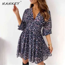 Lila Blumen Korsett Taille V-Ausschnitt Print Minikleid Frauen Casual Volle Hülse Eine Linie Kleider Schärpen Weibliche Elegante Vestido 210412