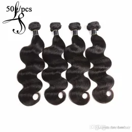 LANSブラジルのバージンヘアWeaves織りストレートボディウェーブ4/6バンドル人間の髪の延長50g / PCS天然黒いヘアピース