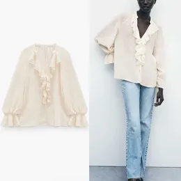 Za Ruffle Dot Tulle Shirt Kvinnor Long Puff Sleeve Sommar Blus Se genom vintage Top Kvinna Mode Knapp Upp Blusar 210602
