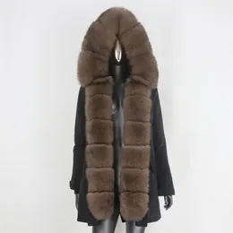 Bluenessfair Vattentät Long Parka Real Fur Coat Natural Fur Collar Hood OuterWear Winter Jacket Kvinnor Varm Streetwear 211007