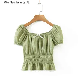 Fashion Summer Girly Bow-Knot Ploid Sfumo Slim Crop Top Top Sweet Lace Cotton Lince Clessa corta per donna 210514