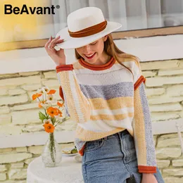 BeAvant Contrast stripe pullover Knitted Autumn winter crew neck long sleeve top High street style mixed color fashion sweater 210709