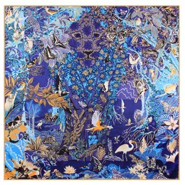 90cm New Hand-Rolled Silk Scarf Women Twill Square Animal Jungle Leopard 프린트 목도 머리 스카프 손수건