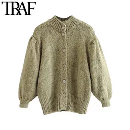 TRAF Women Vintage Elegant Jewel Buttons Knitted Cardigans Sweater Fashion Three Quarter Sleeve Female Outerwear Chic Tops 210415