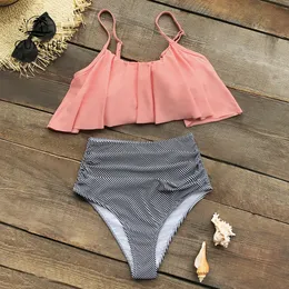 Pink and Stripe High Waisted Swim wear Bikini Sets Sexy Tank Top Swimsuit Two Pieces Swimwear Women Beach Bathing Suits