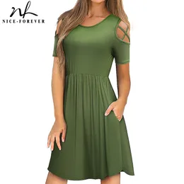 Nice-forever Women Casual Tinta unita A-line vestidos Swing Party Flare Abito femminile A163 210419