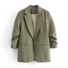 BLSQR Army Green Blazer för kvinnor Höst Roll Ärm Jackor Damer Formell kostym Girls Wear Khaki Topp 210430