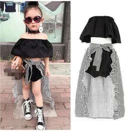 Roupas de bebê de bebê de bebê de verão Sets off Ombro Ruffle Cropped Tops Curtas Calças Hem Listrado Cape 3 Pcs Roupas roupas