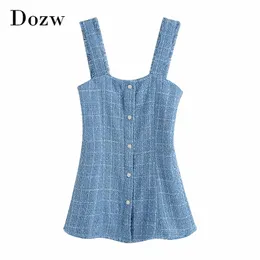 Chic Spaghetti Strap Tweed Mini Dress Women Fashion Jewel Buttons Party Elegant Sleeveless Backless Summer es 210515