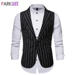 Mäns Vertikal Striped One Knapp Klänning Vest Slim Fit Ärmlös Tuxedo Västar Waistcoat Men Formell Business Smart Gilet Homme 210522