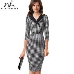 Nice-Forever Vintage Houndstooth Patchwork Office Arbete Vestidos med knapp Business Party Women Bodycon Dress B570 210419