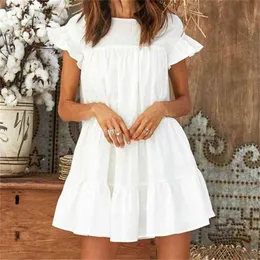 Kobiety Sukienka Summer Casual Loose Boho Cute Warstwowe Solid Cocktail Party Beach Sundress Ruffles White Mini Streetwear 210522