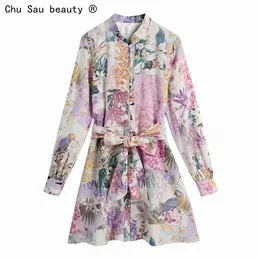 Wiosna Jesień Single-Breasted Flower Print Lace-Up Dress Samica Długi Rękaw Wygodna Koszula Dorywczo 210514