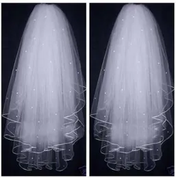 Women Pearls Tulle Short Bridal Veils Ribbon Edge White Ivory Super Glitter Pearl 3 Layers Wedding Veil Bride Accessories Length 23-32inches