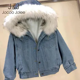 jocoo jolee fleece 후드 데님 코트 여성 겨울 두꺼운 진 자 켓 여성 양고기 모피 패딩 따뜻한 데님 재킷 Overcoats 2XL 210518