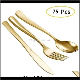 Sets Kitchen Dining Bar Home & Garden Drop Delivery 2021 75Pcs Disposable Gold Cutlery Plastic Wedding Party Tableware Bronze Golden Dinner