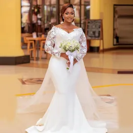 Plus Size Aso Ebi Boho Wedding Dress 2022 White African Mermaid Wedding Dresses With Lace Long Sleeve Beach Garden Bridal Gowns Soft Satin Simple Bohemian Bride