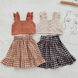 Tjej Plaid Set Summer Baby Short Tops + Plaid Kjol Fashion 2st Outfits Passar kläder 3-8Y E32 210610