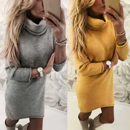 Moda sweter pamy stały sweter turtleneck Long Casual długi rękaw Sukienka Sukienka Turtleneck Sueteres Vestido Gola Alta 210419