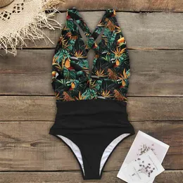 Sexy V-Neck Swimsuit Plus Size Stroje Kąpielowe Kobiety Wysokie Pasem Kostium kąpielowe Beachwear Backless Swim Wear S ~ XL 210712