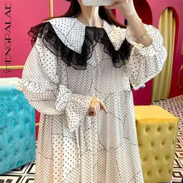 Shengpllae Chic Koronki Peter Pan Collar Sukienka Damska Wiosna Wavelet Dot Luźny Rękaw Rękawy Mid-Calf Dresses Kobieta 5B408 210427