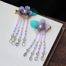 H￥rkl￤mmor Barrettes Ink Blue Tassel Hairpin Xianqi Girl Hanfu Traditionell huvudbonad handgjorda handgjorda