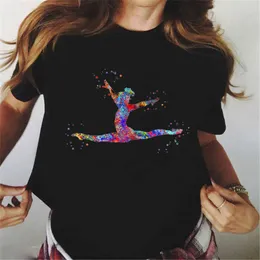 Summer 2021 watercolor Ballet printed girl black t shirt kawaii gymnastics lover gift tee shirt femme custom tshirt X0527