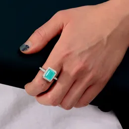 Anillo cuadrado de diamante de turmalina Paraiba de 3ct, Plata de Ley 925 100% auténtica, anillos de compromiso para mujer, joyería de fiesta
