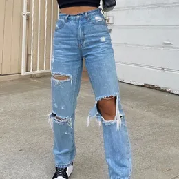 Womens Pants Jeans Wigh Waist Wide Mom Jeans Female Streetwear Pocket Elastic Hole Jeans Trousers Loose Denim Pants pantalones