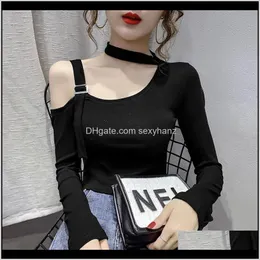 T-Shirt Tops & Tees Womens Clothing Apparel Drop Delivery 2021 Designer Gothic T Shirt Female Sexy Off Shoulder Asymmetrical Choker Halter To
