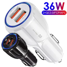 36W 30W snabb snabb laddning Dual USB QC3.0 Car Charger Portable Auto Power Adapters för iPhone 15 14 11 12 13 Samsung S20 S23 S24 HTC Android Phone GPS PC med låda