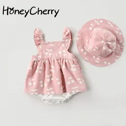 Body dla niemowląt Letnie Ubrania Moda Śliczne Wiśni Drukuje Dzieci Odzież Dress Z Kapeluszowymi Kombinezonami 210515