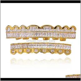 Grillz, Dental Body Jewelry Drop Delivery 2021 Custom Fit Gold Vergoldet Hip Hop Bar Zircon Grillz Top Bottom Vampire Fangs Teeth Grills