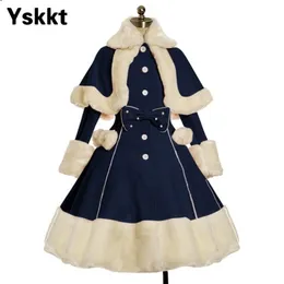 Yskkt Women Lolita Autumn Coat Warm Fur Collar Bowknot Dress Jacket Fashion Sweet Princess Breasted Overcoat Halloween Costume 211105