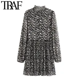 TRAF Kobiety Chic Moda Zwierząt Print Plised Mini Dress Vintage Wysoka Neck See Through Sleeve Dresses Vestidos 210415