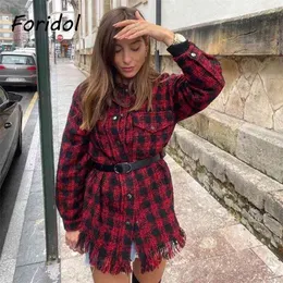 Tweed Knitted Plaid Tassel Coat Women Jackets Single Breasted Belt Elegant Ladies Checkered Vintage Streetwear Coats 210427