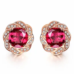 14K Rose Gold Color Flower Red Crystal Ruby Gemstones Diamanter Stud Örhängen för Kvinnor Klassiska Smycken Brincos Fashion Bijoux