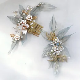 Hårklämmor Barrettes Chiffon Leaf Comb Bridal Barrette Floral Wedding Accessories Handgjorda strass Kvinnor Hårstycke