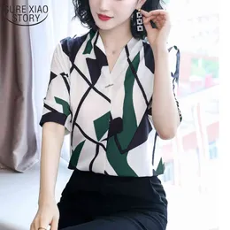 Ropa De Mujer Summer Chiffon Blouse Irregular Printing Ink Korean V Neck Short Sleeve Geometric Printed Woman's Shirt 9772 210508