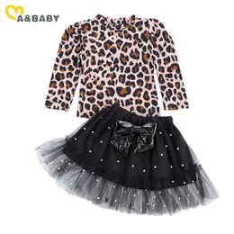 1-6Y Toddler Kid Tjejer Kläder Ställ Leopard Toppar Lace Pearl Ruffles Bow Kjolar Outfits Höst Barnkläder 210515