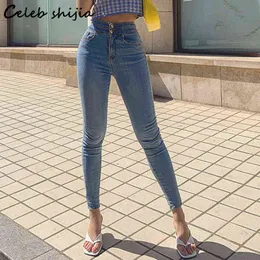 SHIJIA Vintage Skinny Jeans Woman High Waist Elastic Denim Pants Korean Streetwear Blue Pencil Mom Fall 211129