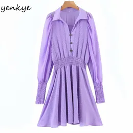 Мода женские пунктирные фиолетовые платья женский ослабенский воротник с длинным рукавом упругая талия A-линия шифон зима Vestido 210514