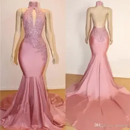 핑크 레이스 Appliques 구슬 장식 조각 Satin Prom 드레스 저렴한 높은 목 Backless 인어 이브닝 가운 파티 착용 BC11762