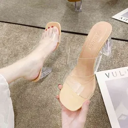 Transparent High Heels Women Square Toe Sandals Summer Shoes Woman Clear High Pumps Wedding Jelly Buty Damskie Heels Slippers K78
