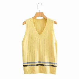 Evfer Women Autumn Casual Striped Yellow Strikked Pullover Tröjor Kvinna Mode V-Neck Ärmlös Jumpers Tjejer Knitwear Vest Y1110