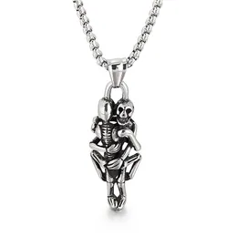 Mens Womens Stainless Steel Vintage Hugging Skull Skeleton Pendant Love Gothic Necklace Rolo Chain 3mm 24 inch