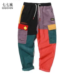 Spodnie biodrówki męskie sztruksowe kolorowe bloki Patchwork Cargo spodnie haremki Vintage Streetwear Harajuku Jogger spodnie dresowe 2021 G1208