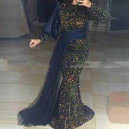 Sequin Lace Long Sleeve Muslim Evening Dress 2021 Elegant Caftan Arabic mermaid with long sash Prom Gowns Party Dresses