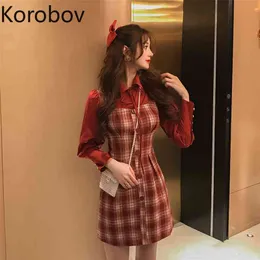 Korobov moda elegante Plaid mujeres vestido coreano cuello vuelto manga larga Patchwork Streetwear Vestidos ajustados 210430