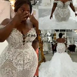 Plus Size Mermaid Africa Wedding Dresses Aso Ebi Off Shoulder Shiny Lace-up Applique Clound Ruffles Cathedral Train Bridal Gowns